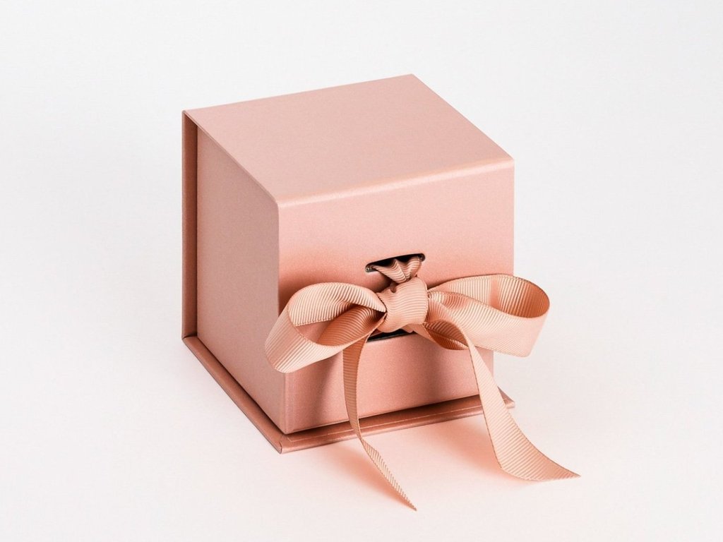 Small Pearlescent Rose Gold Cube Luxury Gift box with magnetic closure, and choice of ribbon (Pack of 12)